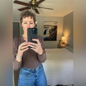 🤎Nation LTD Romy Puff Sleeve Top Sz L in Brown Plaid 🤎